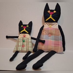 Vintage Folk Art Hand Made Stuffed Fabric Black Cats